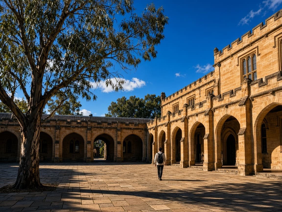 Sunlit sandstone courtyard under a deep blue sky