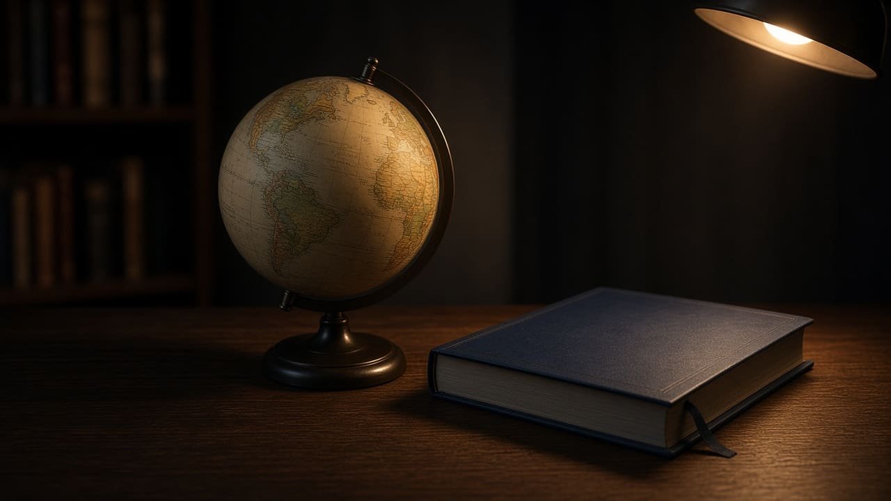 A globe and a closed atlas under a lamp