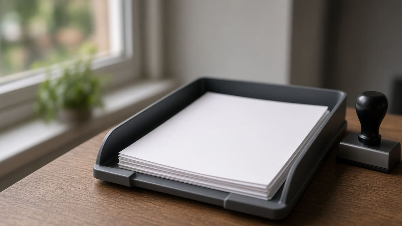 A document tray and a stamp beside a window