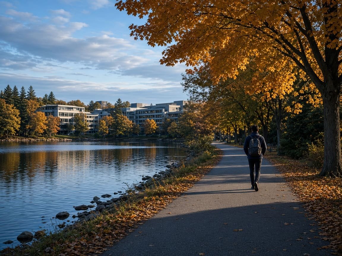 University path beside a lake and autumn trees