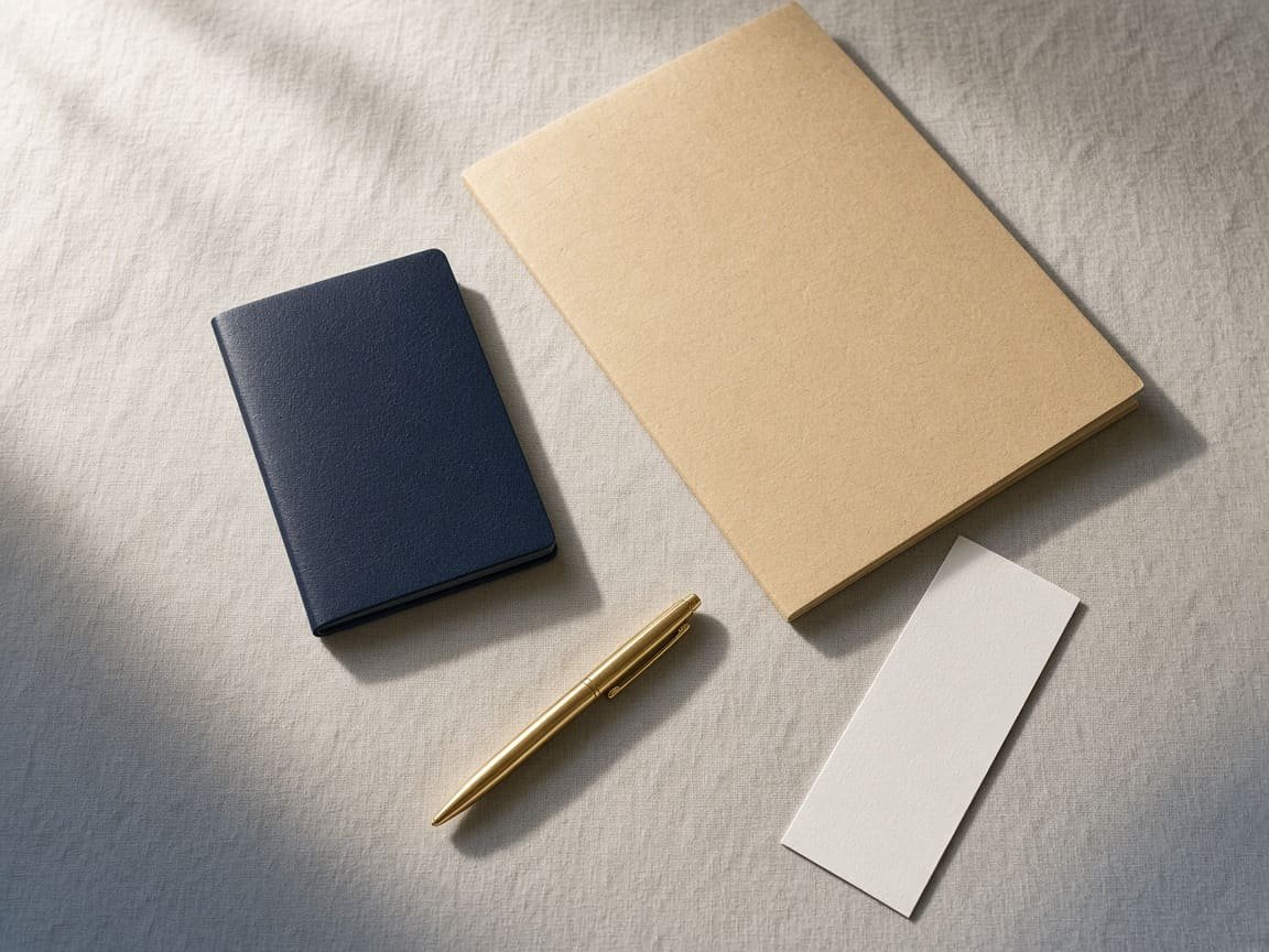 Closed passport and folder arranged on linen