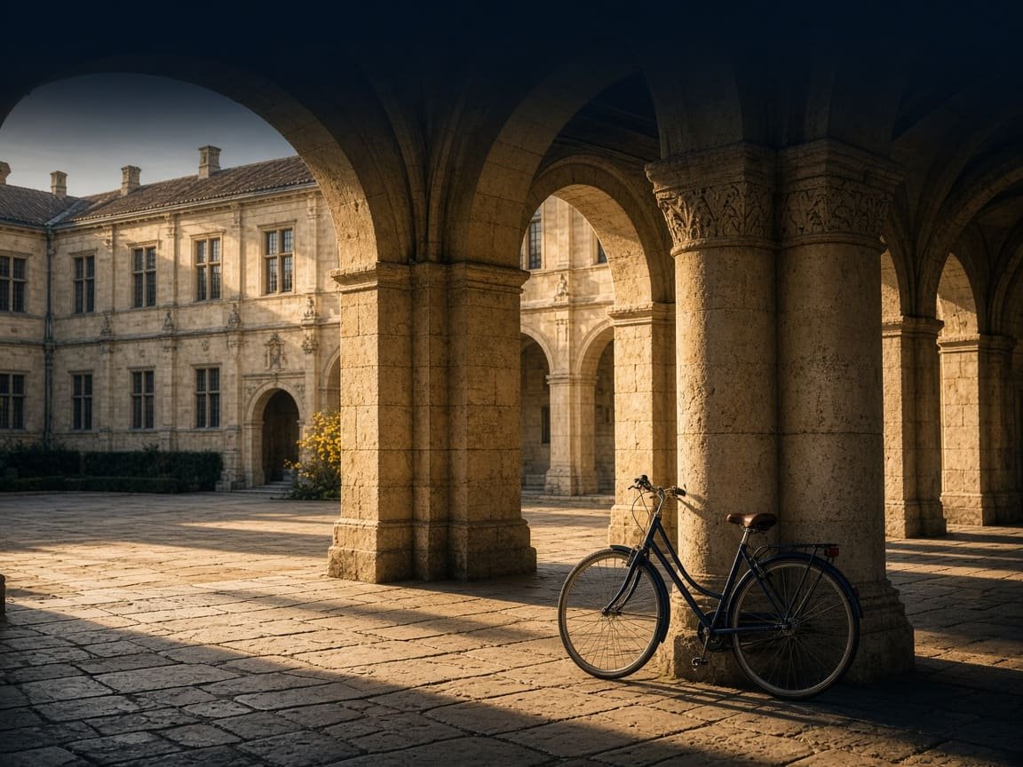 Historic university cloister in warm stone