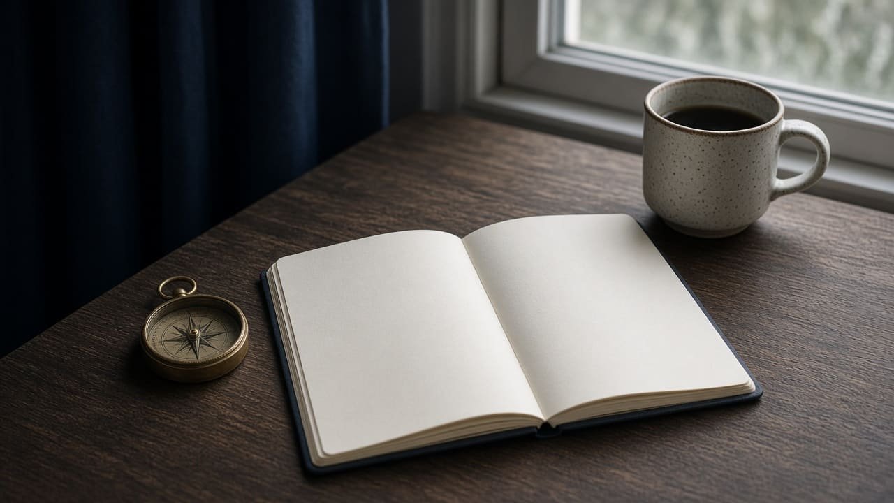 Blank notebook and a brass compass on a sunlit desk