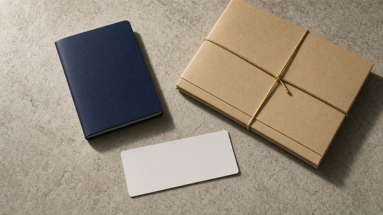 Closed passport and folder on pale stone