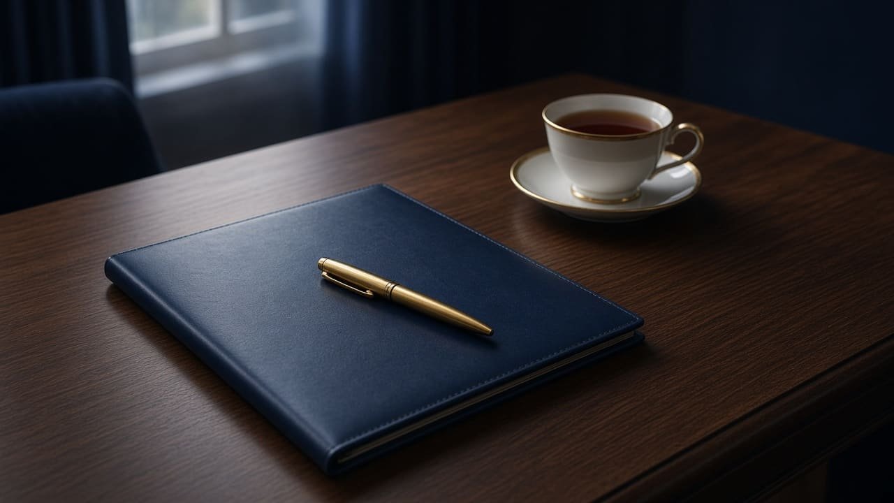 A closed folder and a cup of tea on a wooden meeting table
