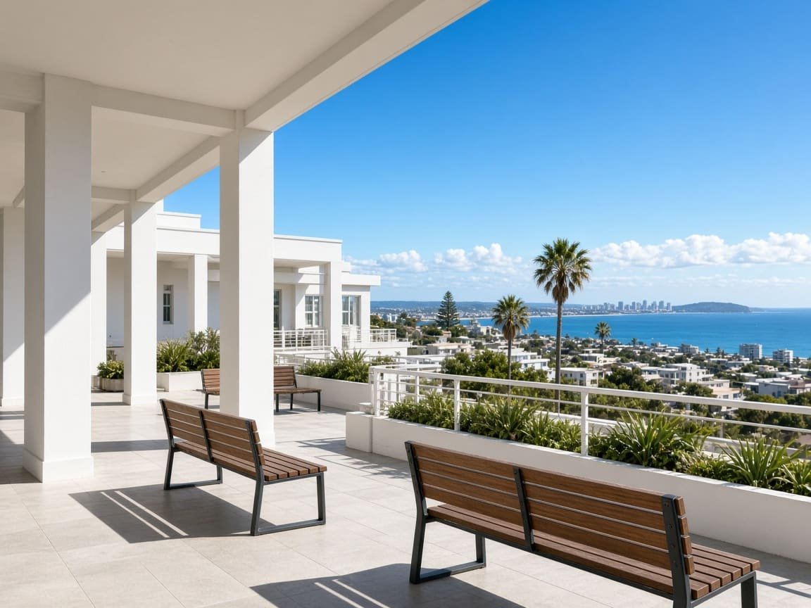 White campus terrace under a bright sky