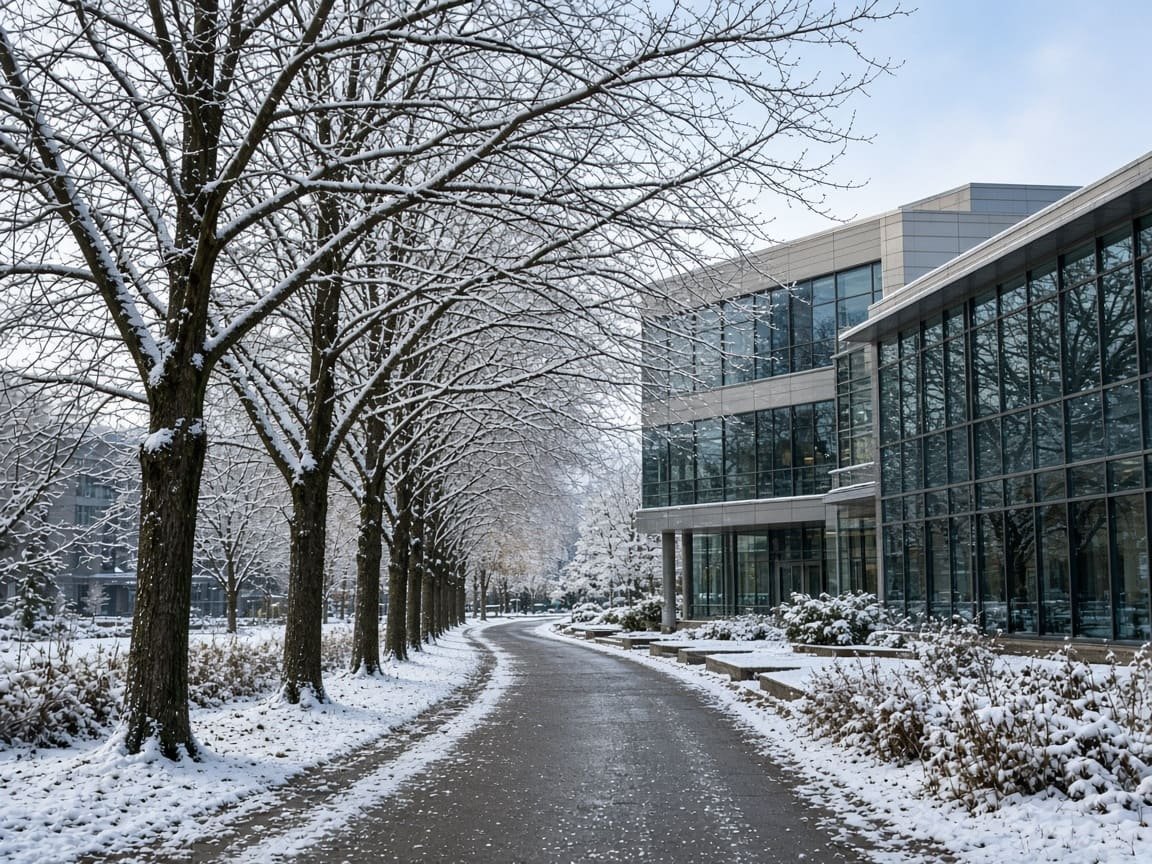 Snow-dusted campus path and a glass building