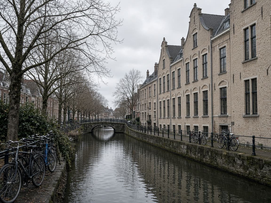 Quiet canal street with pale brick buildings