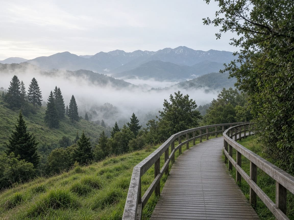 Hillside campus walkway and distant mountains