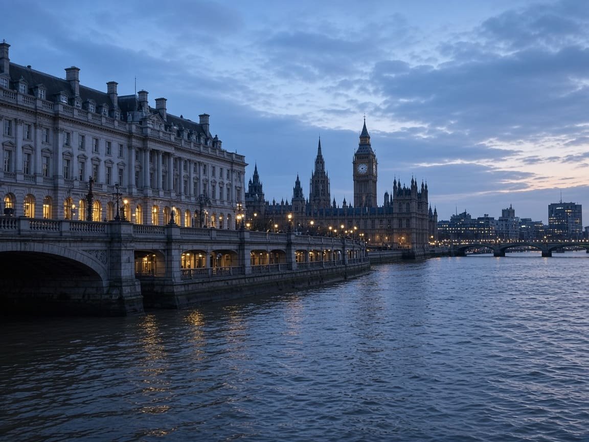London riverfront in blue hour