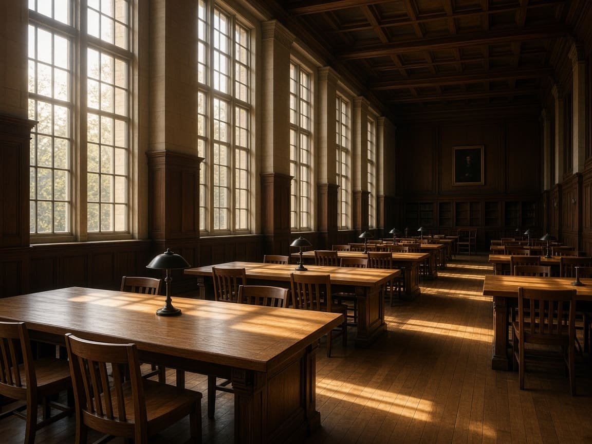 Empty university reading room with tall windows