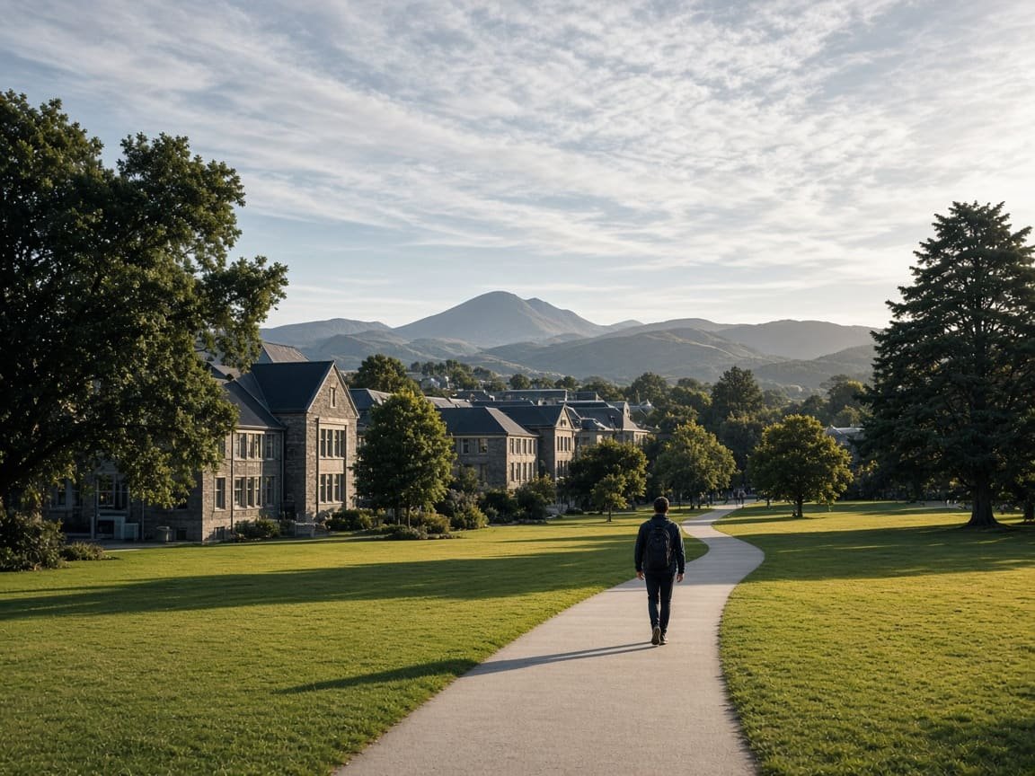 Green campus with hills in the distance