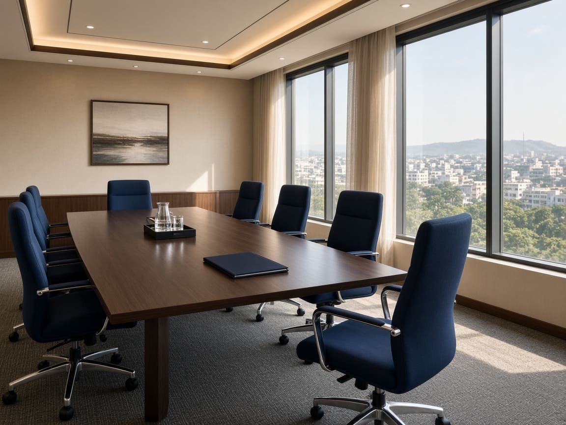 The meeting room at Edusolutions Overseas Consultancy, with navy chairs and a view over the city