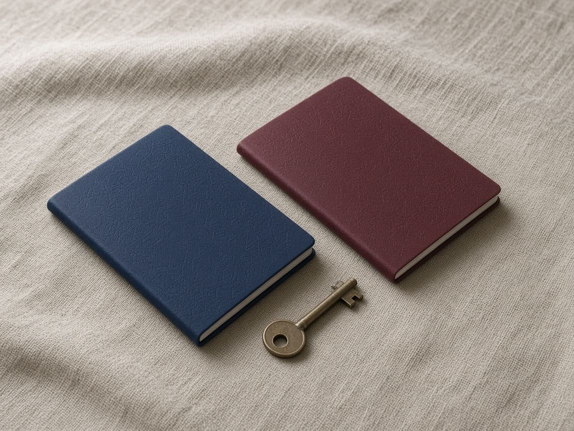 Two closed passports and a house key on linen