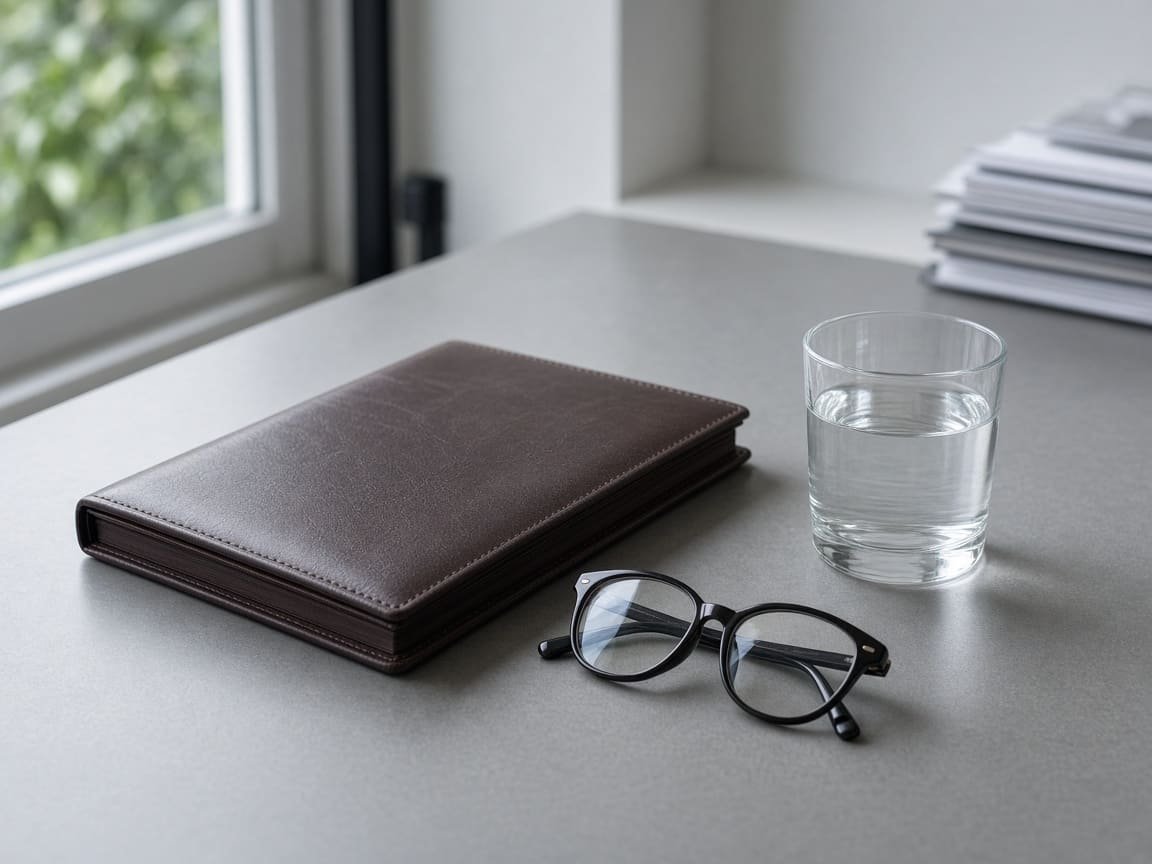 A closed leather portfolio and reading glasses on a desk