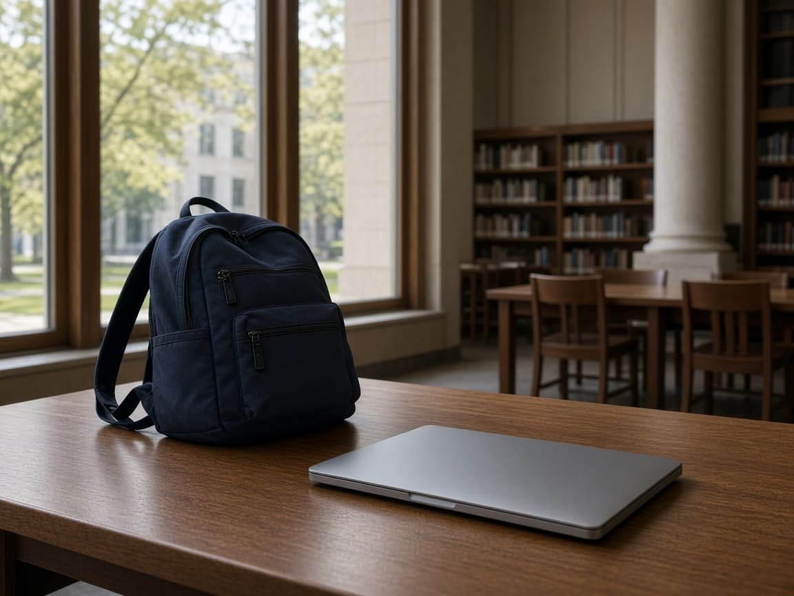 A backpack and a closed laptop on a library table