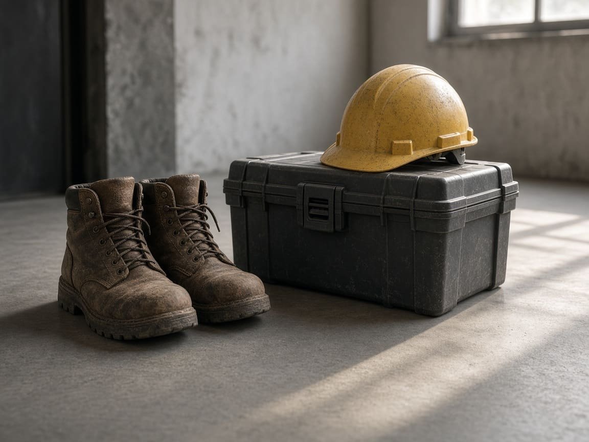 Work boots and a toolbox on a workshop floor