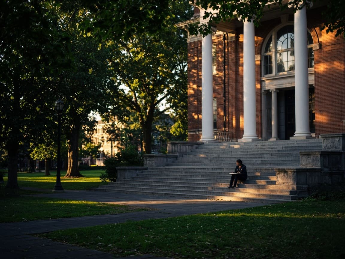 Leafy American university quad and brick hall